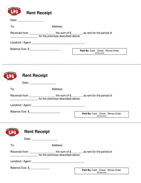 These professional rent receipts print out three per page and are formatted horizontally like traditional receipt pads. Includes area to note method of payment (cash, check, or money order). Free to download and print. Preview of $7 customizable version: Rent Receipt Template (3 per page)